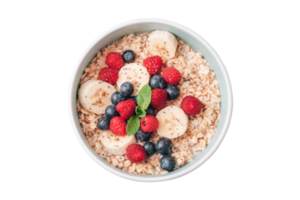 White bowl with oatmeal and mix fruit isolated on a transparent background png