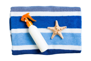 Beach accessories, towel and bronzer isolated on a transparent background png