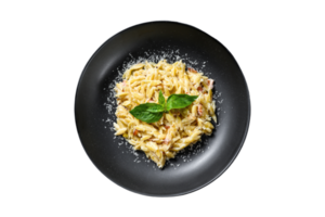 Spaghetti with basil and cheese on black plate isolated on a transparent background png