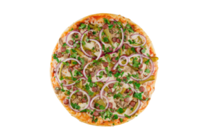 Pizza with sausage, onion, and pickles isolated on a transparent background png