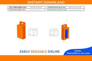 Mobile charger box, bottom snap lock with Hanging window box 1x0.5x1.50in  dieline template Box dieline and 3D box vector