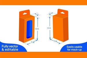 Mobile charger box, bottom snap lock with Hanging window box 1x0.5x1.50in  dieline template 3D box vector