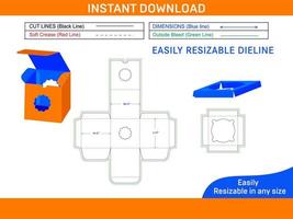 magdalena caja cuadrado Talla con ventana dieline modelo y 3d caja diseño caja dieline y 3d caja vector