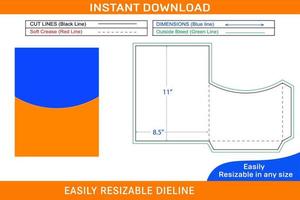 8.5x11 inch Rounded top shape Pocket or folder envelope die cut template Box dieline and 3D box vector