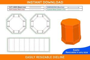 3 lid octagonal Circular box by glued assemble dieline template Box dieline and 3D box vector