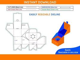 Square size auto bottom lock box dieline template and 3D trndering box Box dieline and 3D box vector