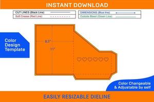 Pocket envelope 8.5x11 inch dieline template with Heart shape transparent window cut Color Design Template vector