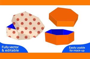 Hexagon gift box or surprise gift box dieline template and 3D box 3D box vector