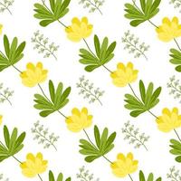 Seamless pattern of spring flowers and plants. Vector flat illustration.