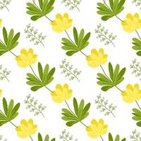 Seamless pattern of spring flowers and plants. Vector flat illustration.