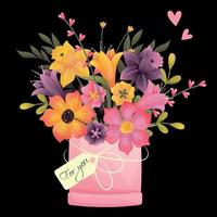Flowers in a pink box with a white ribbon and a note for you. Spring bright bouquet for postcard. Different flowers in a round carton box with white stars. Postcard for florist or shop vector