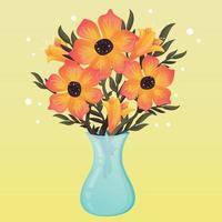 Spring orange bright gradient flowers with leaves in a vase. Lilies and poppies in a transparent vase. Spring cute card with flowers and plants for flower shop with yellow background vector