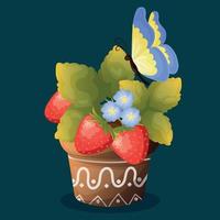 Red strawberries with leaves and blue flowers in a pot with a butterfly. Cute beautiful spring card with a ripe wild strawberry bush. Brown pot with African patterns and berries inside vector