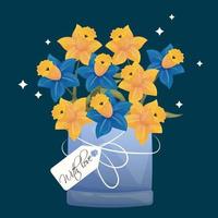 Yellow and blue daffodils in a blue box with a white ribbon and a note with love. Spring bright bouquet for postcard. Narcissus in a round carton box with white stars. Postcard for florist or shop vector