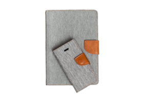 Gray notebook and cellphone case isolated on a transparent background png