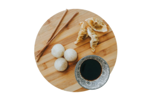 Wooden tray with japanese food and soja isolated on a transparent background png