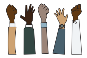 people raising hands that are different Ethnicity, gender, age and skin color png