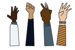 people raising hands that are different Ethnicity, gender, age and skin color png