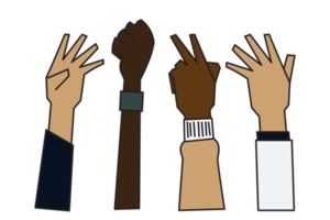 people raising hands that are different Ethnicity, gender, age and skin color png