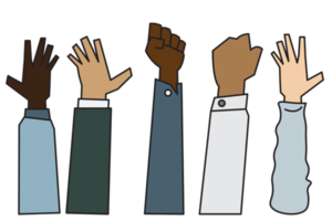 pessoas levantando mãos este estão diferente etnia, gênero, era e pele cor png