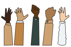 pessoas levantando mãos este estão diferente etnia, gênero, era e pele cor png