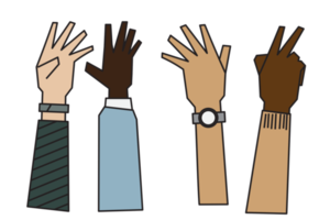 people raising hands that are different Ethnicity, gender, age and skin color png