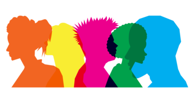 Colored silhouette people, Multiple exposure, Concept on diversity and teamwork png