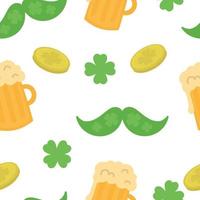 St. patrick's day pattern. Pattern with patrick's coins, beer, clover and mustache. Vector pattern.