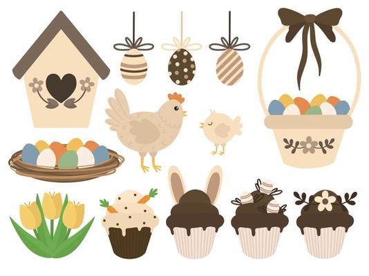 Set of Easter elements. Vector elements for Easter. Cute cartoon decorations for Easter.