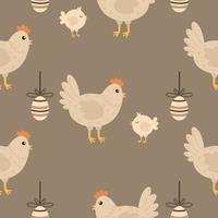 Pattern with chicken and chick. Easter vector pattern. Cute easter background with chicken, chick, painted egg.