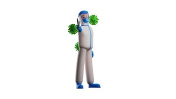 3D illustration. Handsome Paramedic 3D Cartoon Character. Paramedic wearing full uniform is standing. Paramedic pointed his sword forward and pointed at the flying viruses. 3D cartoon character png