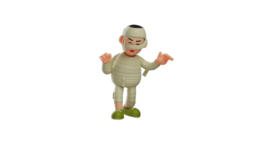 3D illustration. Little Mummy 3D Cartoon Character. Mummy raised his hand in a scary pose. Cute mummy walking with closed eyes. Boy wearing mummy costume. 3d cartoon character png