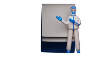 3D illustration. Smart Paramedic 3D Cartoon Character. Paramedic stands in front of a large white screen. Paramedic is explaining something related to the virus that is attacking. 3D cartoon character png