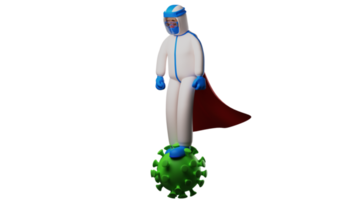 3D illustration. Cool Paramedic 3D Cartoon Character. Paramedic use a cloth on his back. The paramedic stand over the virus. 3D cartoon character png