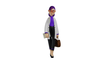 3D illustration. Senior Doctor 3D Cartoon Character. Friendly doctor who came to the hospital. The pretty doctor carries a small note and a brown bag. Great doctor on duty. 3D Cartoon Character png