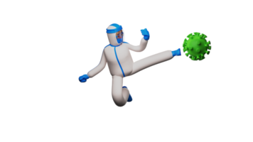 3D illustration. Paramedic 3D Cartoon Character. Amazing paramedic is fighting the virus. Paramedic in pose kicking virus. Paramedic use full Hazmet and fight with virus. 3d cartoon character png