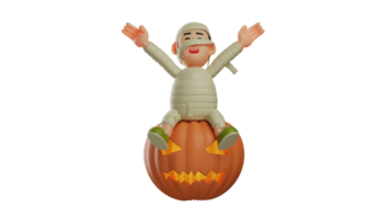 3D illustration. Happy Mummy 3D Cartoon Character. Mummy smiled sweetly while stretching his hands up. Cute mummy sitting on a big pumpkin. 3D cartoon character png