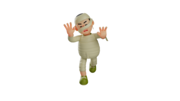 3D illustration. Fierce Mummy 3D Cartoon Character. Mummy ran after her opponent. Mummy raises hand looking very spooky. Mummy wears green shoes and runs fast. 3d cartoon character png