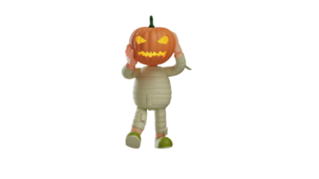 3D illustration. Charming Mummy 3D Cartoon Character. Mummy wearing a pumpkin mask. Handsome mummy attends Halloween party. Happy mummy wearing cool green shoes. 3D cartoon character png