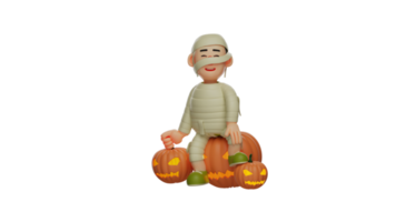 3D illustration. Handsome Mummy 3D Cartoon Character. Boy wearing mummy costume. The boy looks very happy. Adorable mummy sitting and surrounded by pumpkins. 3D cartoon character png