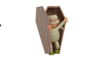 3D illustration. Handsome Mummy 3D Cartoon Character. Mummy trying to get out of the coffin. Mummy is trying really hard. Mummy with a tense expression. 3D cartoon character png
