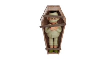 3D illustration. Mummy 3D Cartoon Character. Mummy closed his eyes in a sleeping pose in the crate. Mummy looks very scary. Mummy was sleeping peacefully. 3D cartoon character png