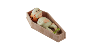 3D illustration. Unique Mummy 3D Cartoon Character. Mummy asleep in the chest. Mummy sleeps using a pumpkin as her pillow. Mummy closed his eyes quietly. 3D cartoon character png