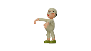 3D illustration. Stylish Mummy 3D Cartoon Character. Mummy raised his hand in walking. Adorable mummy with confused expression. A mummy with a cloth that almost closed his eyes. 3d cartoon character png