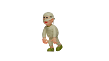 3D illustration. Tired Mummy 3D Cartoon Character. The mummy walks with a bow. Mummy looks very tired. Mummy gave up chasing the fast running enemy. 3D cartoon character png