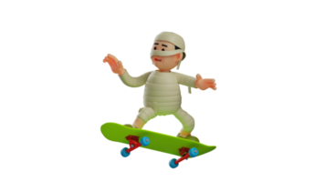 3d illustrazione. energico mummia 3d cartone animato carattere. carino mummia è giocando skateboard. poco mummia è giocando felicemente. ragazzo indossare mummia costume. 3d cartone animato personaggio png