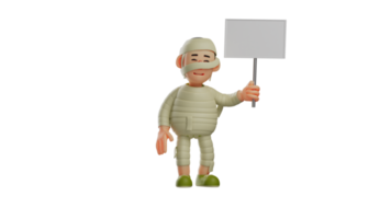 3D illustration. Tired Mummy 3D Cartoon Character. Mummy held up the whiteboard. The clever mummy is showing something to everyone who sees it. Mummy with exhausted expression. 3D cartoon character png