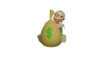 3d ilustración. adorable Rico momia 3d dibujos animados personaje. momia se sienta abrazando un saco lleno de dinero. pequeño momia sonriente felizmente. linda momia es contento. 3d dibujos animados personaje png