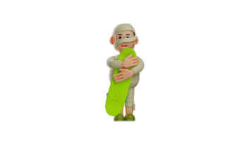 3d ilustración. momia 3d dibujos animados personaje. de buen corazón momia abrazos un verde patineta. hermoso momia sonrió suavemente. momia quiere a Vamos patinar lo antes posible 3d dibujos animados personaje png