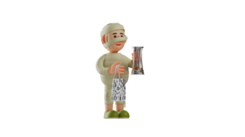 3D illustration. Cute Mummy 3D Cartoon Character. Mummy holding paper bag and toys. Nice Mummy distributes gifts. The romantic mummy is very kind. 3D cartoon character png